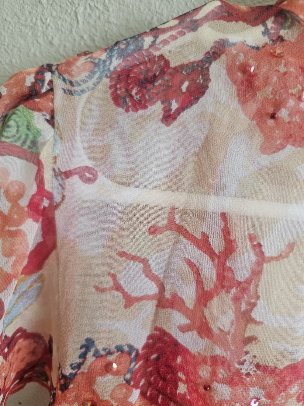 DIANE VON FURSTENBERG Silk Chiffon Floral Beaded Tie Front Blouse in Pink Size 6 - Picture 4 of 6